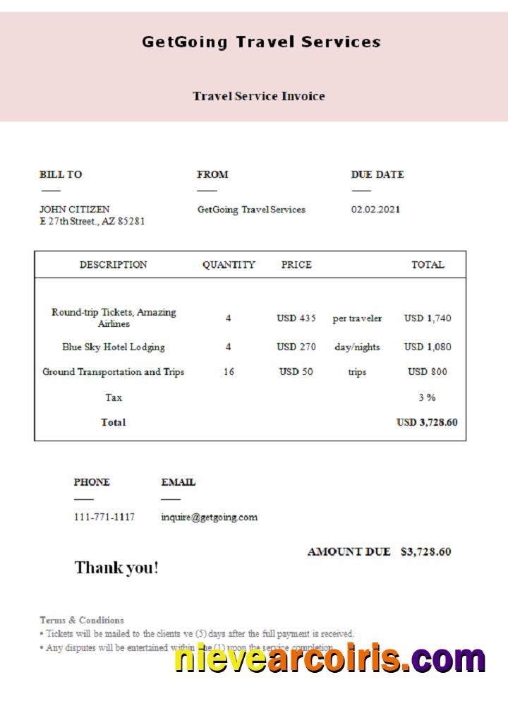 USA GetGoing Travel Services invoice
